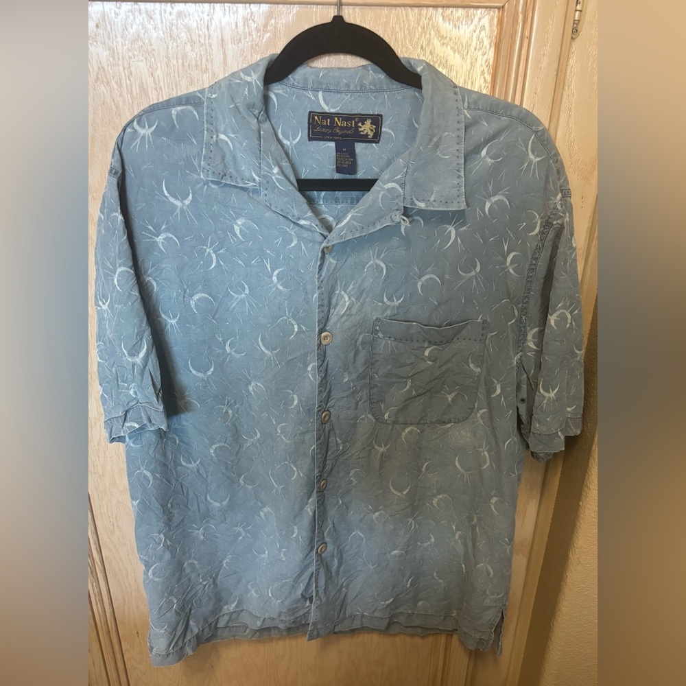 Nat Nast Shirt Men’s 100% Silk Blue Short Sleeve Button Down Med Celestial Moon
